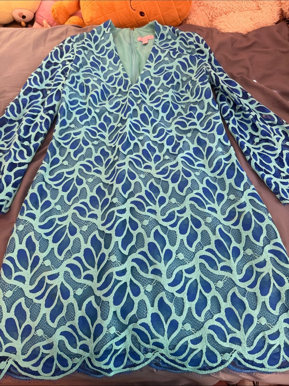 Lilly Pulitzer Teal and Navy Lace V-Neck Long Sleeve Dress